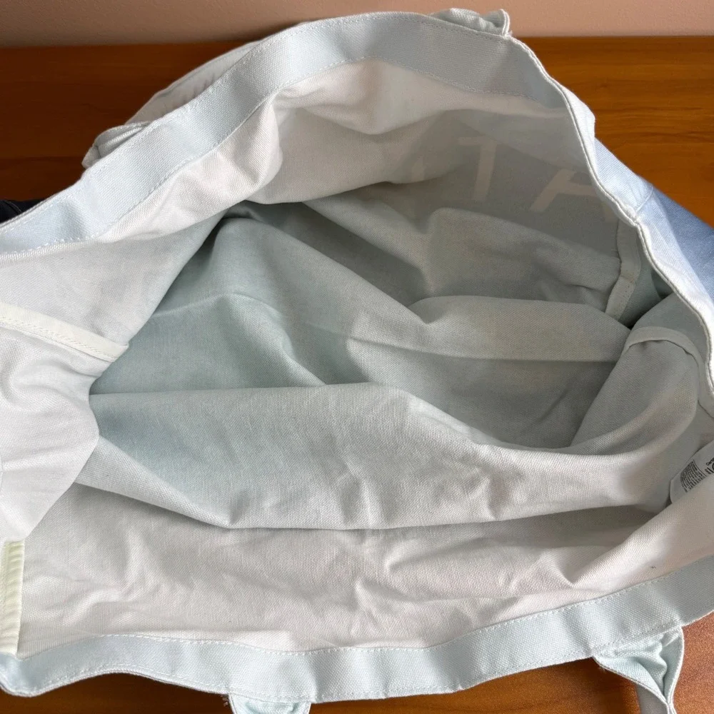Athleta Ombre Tote Bag Teal Blue‎ White Canvas Beach Travel Everyday Carryall